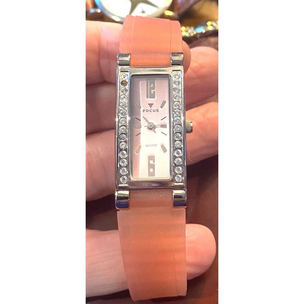 Women's Focus Quartz Watch, Silver Tone with Crystal Accents, Pink Band